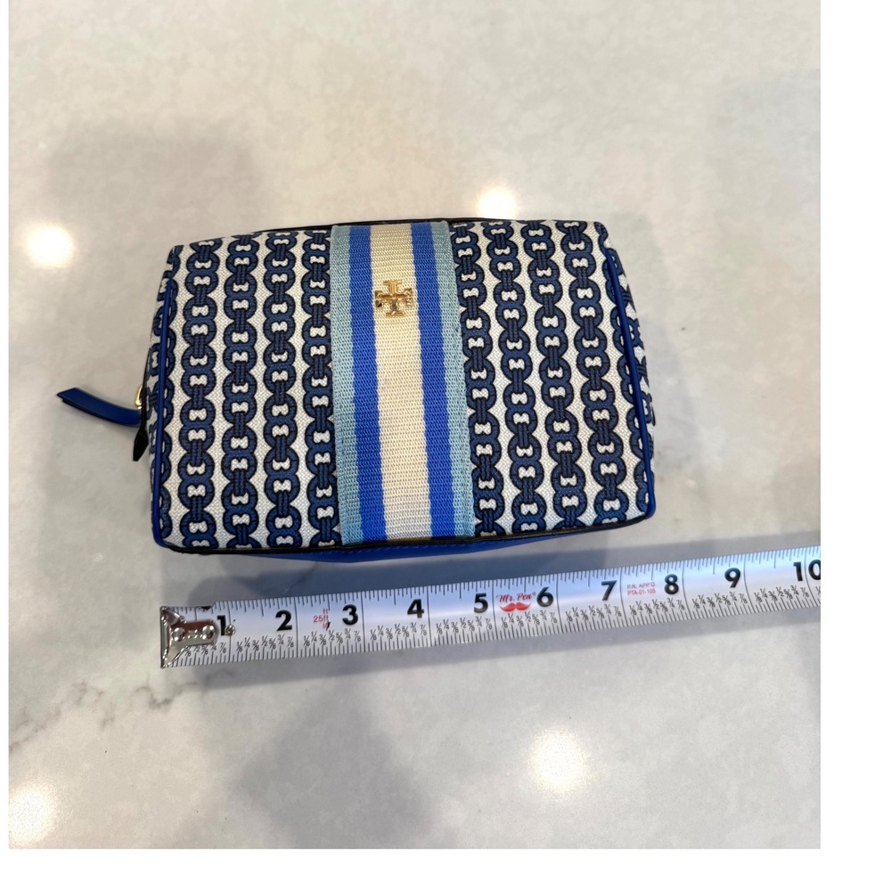 NWT Tory Burch Gemini Link Canvas Small Cosmetic Case Blue Stripe Makeup Bag - Picture 3 of 10